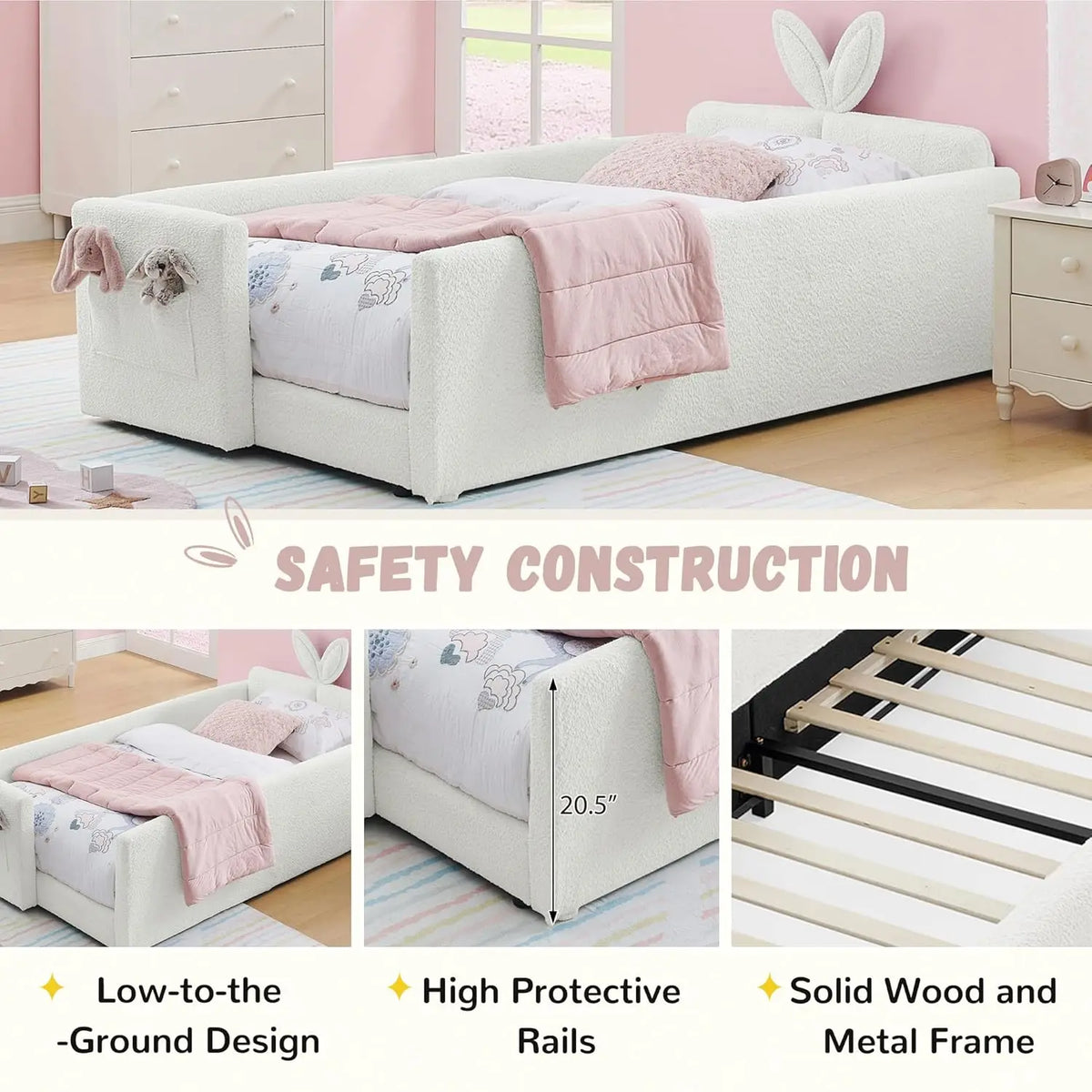 Twin Size Platform Bed Headboard with Pocket & Guardrail for Kids