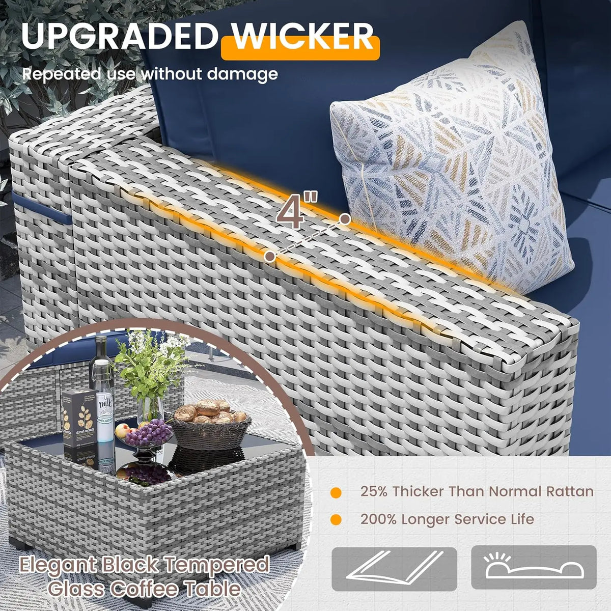 7 Piece Wicker Sectional Sofa with Tea Table