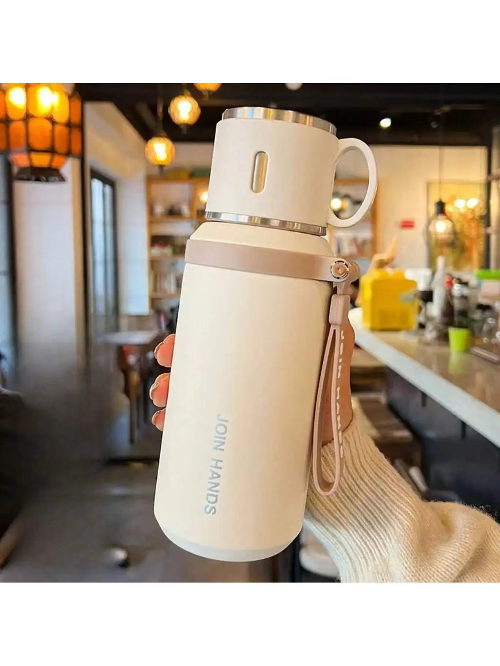 Portable Thermal Water Bottle with Cup Lid & Carry Strap