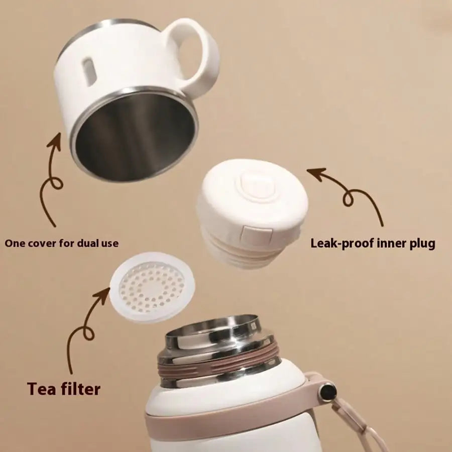Portable Thermal Water Bottle with Cup Lid & Carry Strap