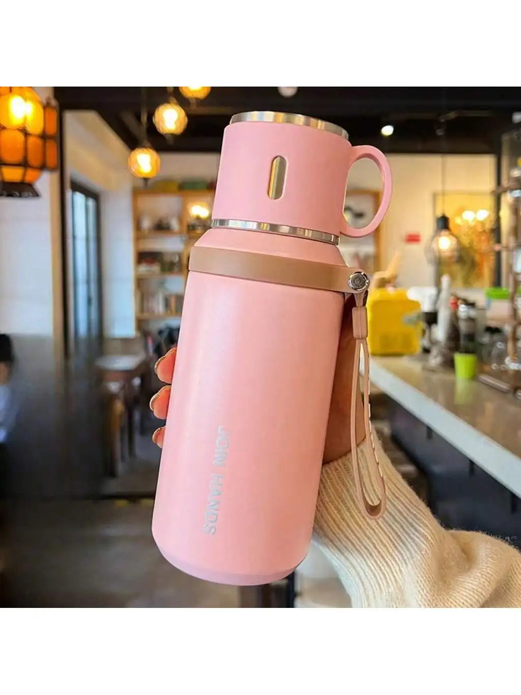 Portable Thermal Water Bottle with Cup Lid & Carry Strap