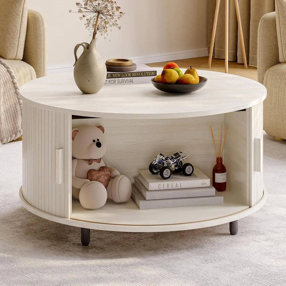 Round Coffee Table with Storage 360° Curved Sliding Door