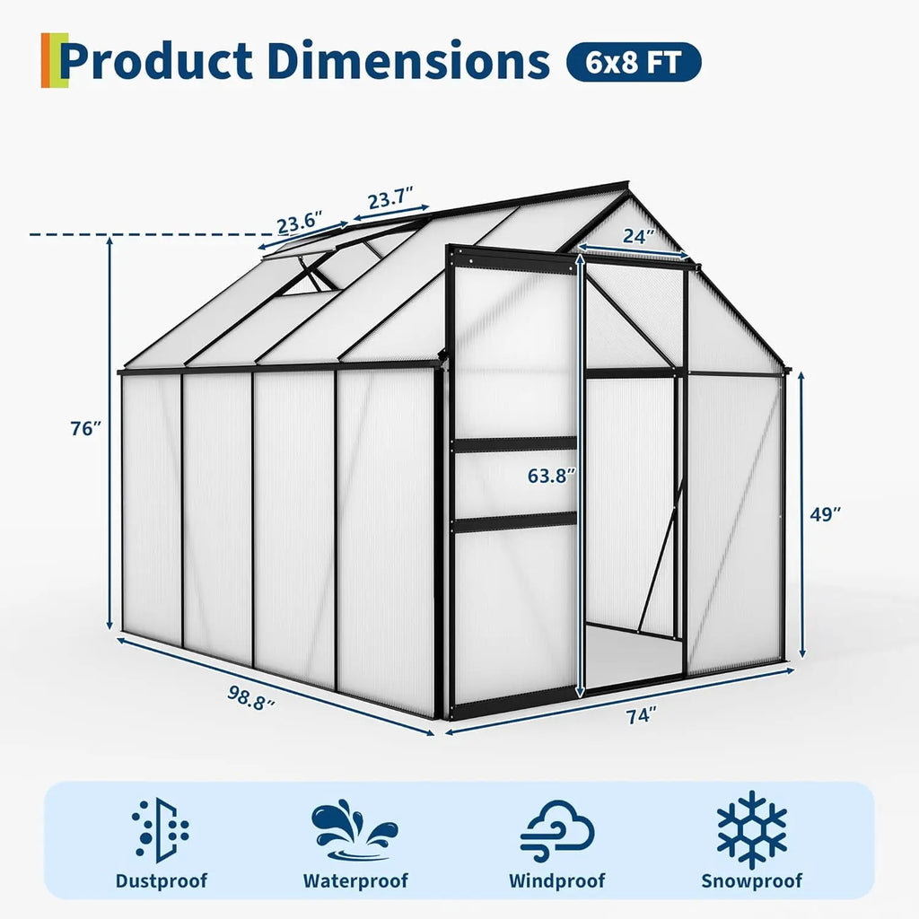 6×8 FT Greenhouse for Outdoors, Polycarbonate Greenhouse