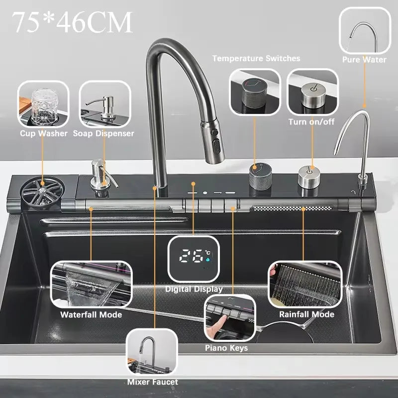 Stainless Steel Kitchen Sink Double Waterfall Single Slot Digital Display