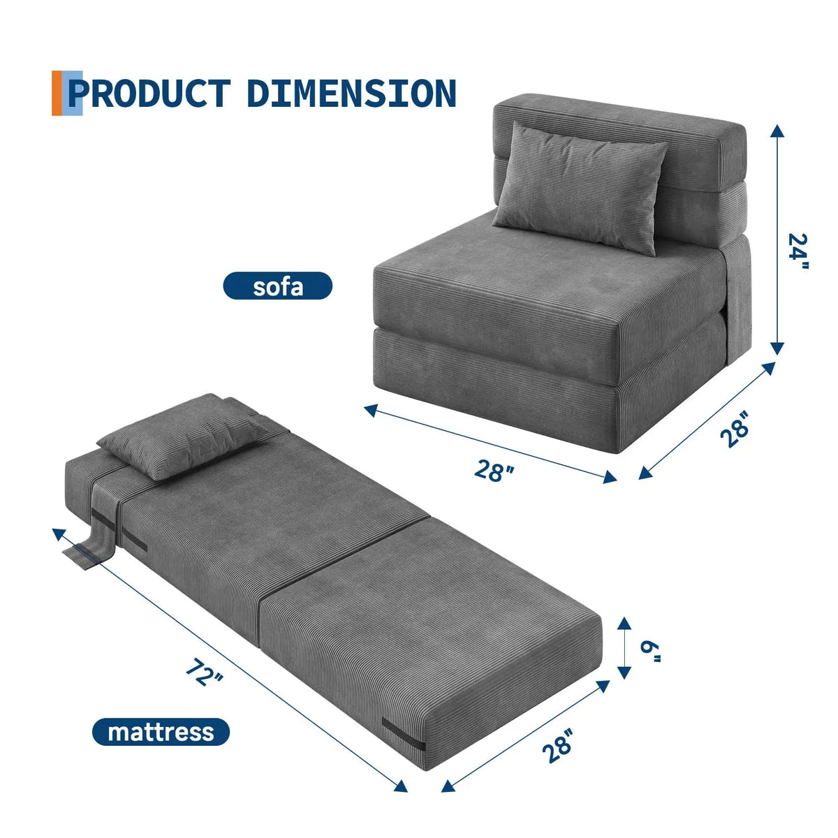 Folding Sofa Bed Convertible Sleeper Soft Corduroy Loveseat Couch