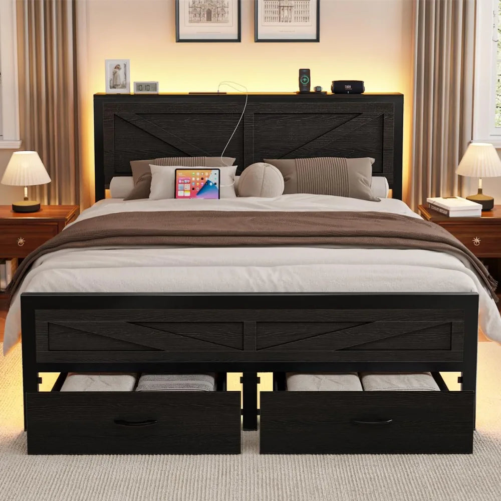 Rustic Full Size Bed Frame with Storage Drawers