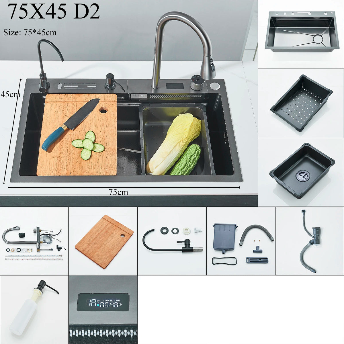 Stainless Steel Kitchen Sink Double Waterfall Single Slot Digital Display