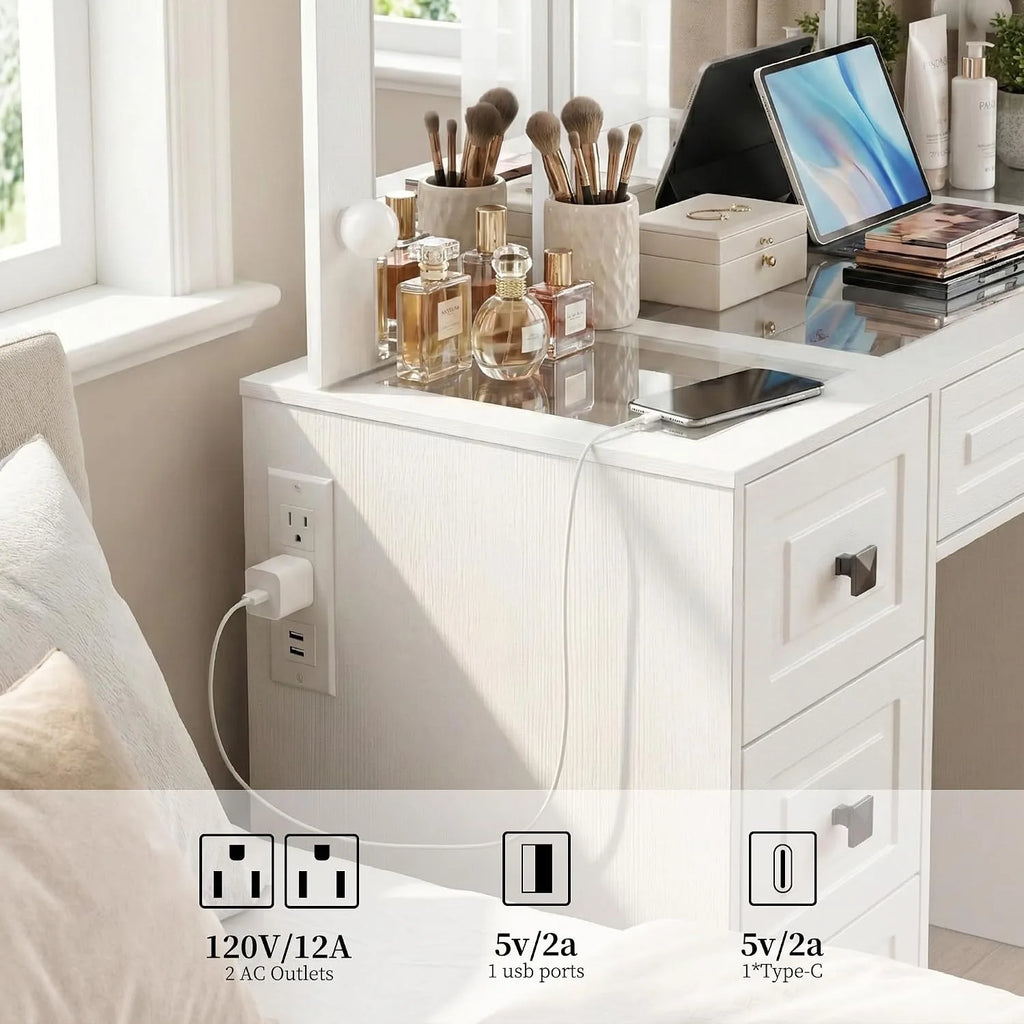 White Retro Lighted Vanity Desk With Tri-Fold Mirror