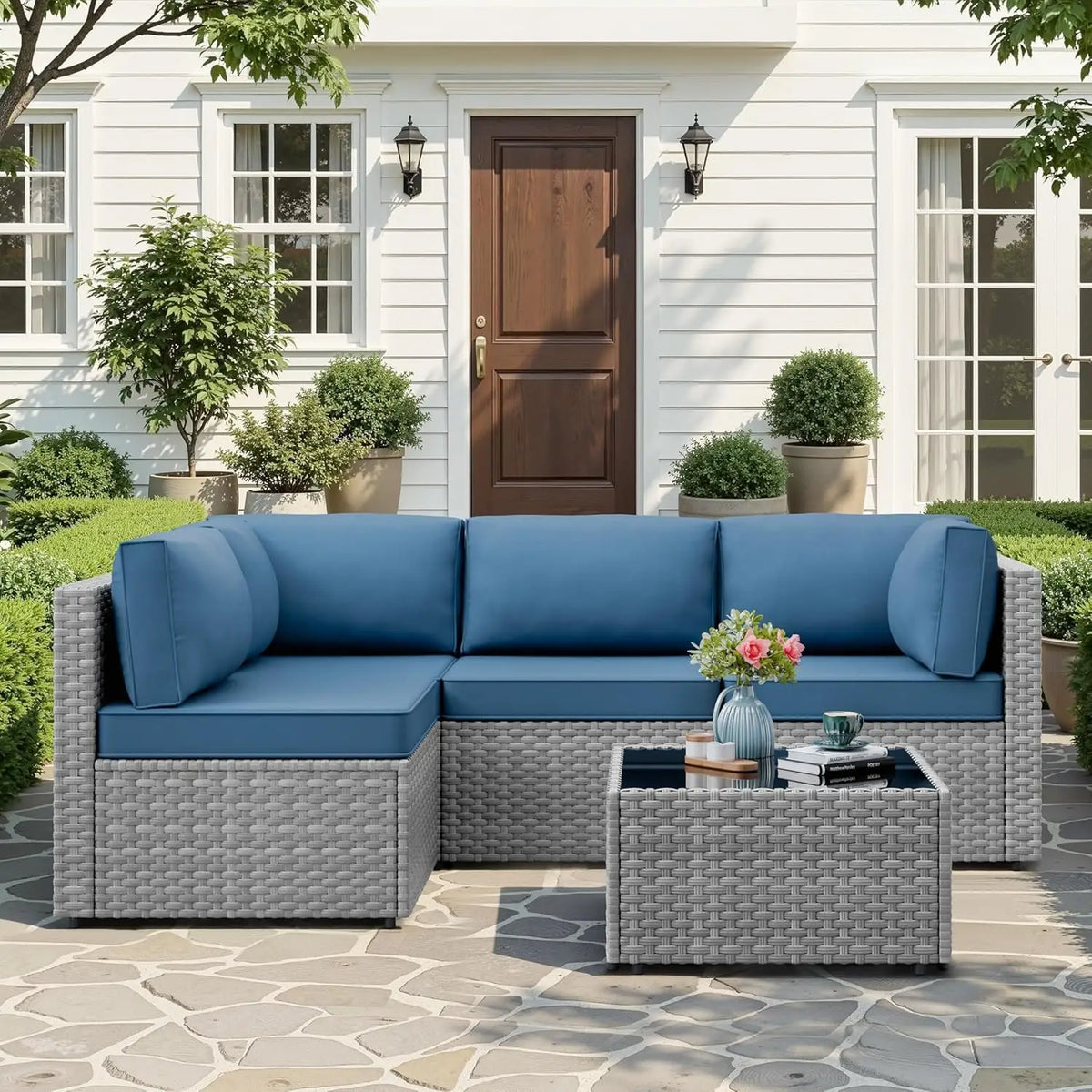 5-Piece Wicker Patio Furniture Set with Thick Cushions