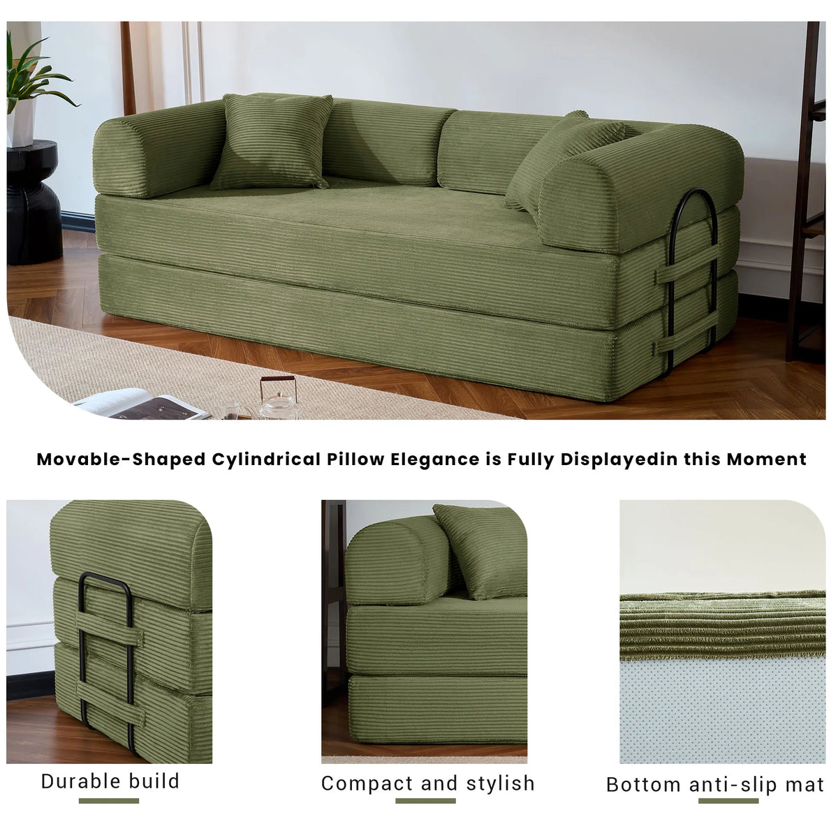 79’’ Folding Convertible Sofa Bed Corduroy Upholstered Boneless Couch