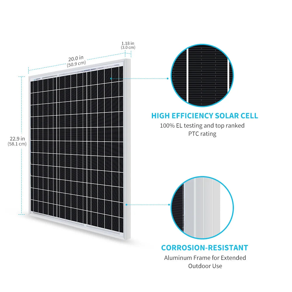 Rengo Solar Panel 50 Watt 12 Volt, High-Efficiency for RV Marine