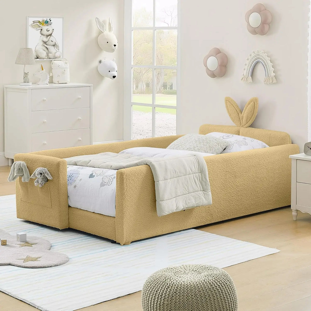 Twin Size Platform Bed Headboard with Pocket & Guardrail for Kids