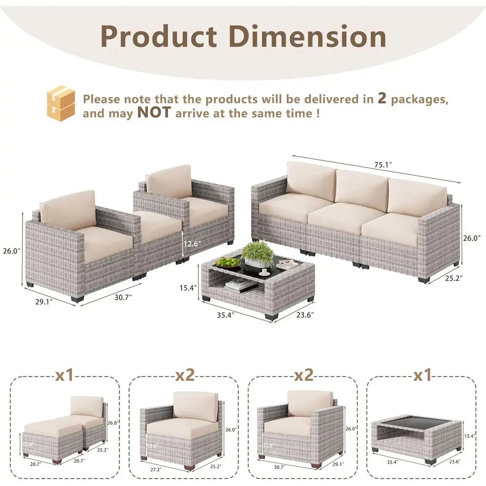 7-Piece Outdoor Patio Furniture Set: Rattan Chairs with Glass Top Table