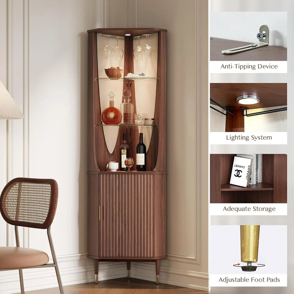 Modern Fluted Storage Cabinet with Glass Shelves, Door & LED Lighting