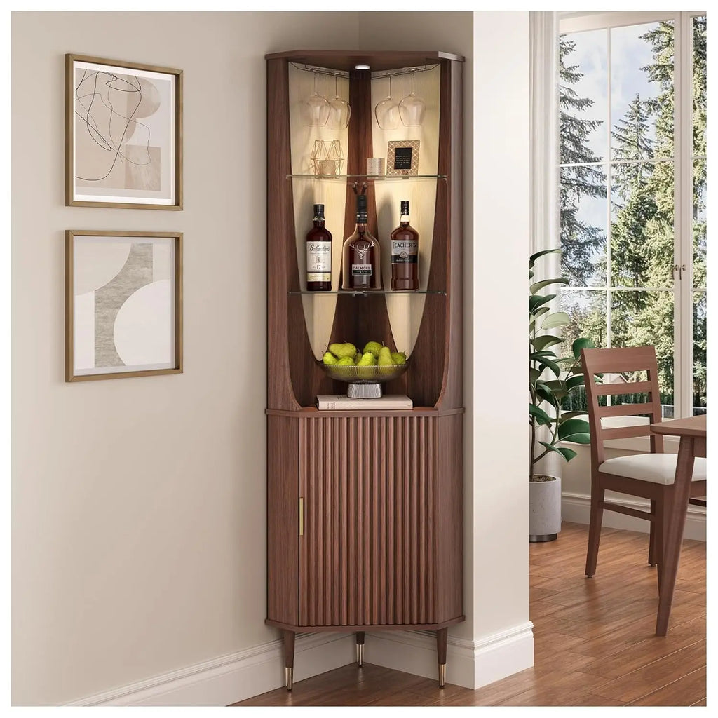 Modern Fluted Storage Cabinet with Glass Shelves, Door & LED Lighting