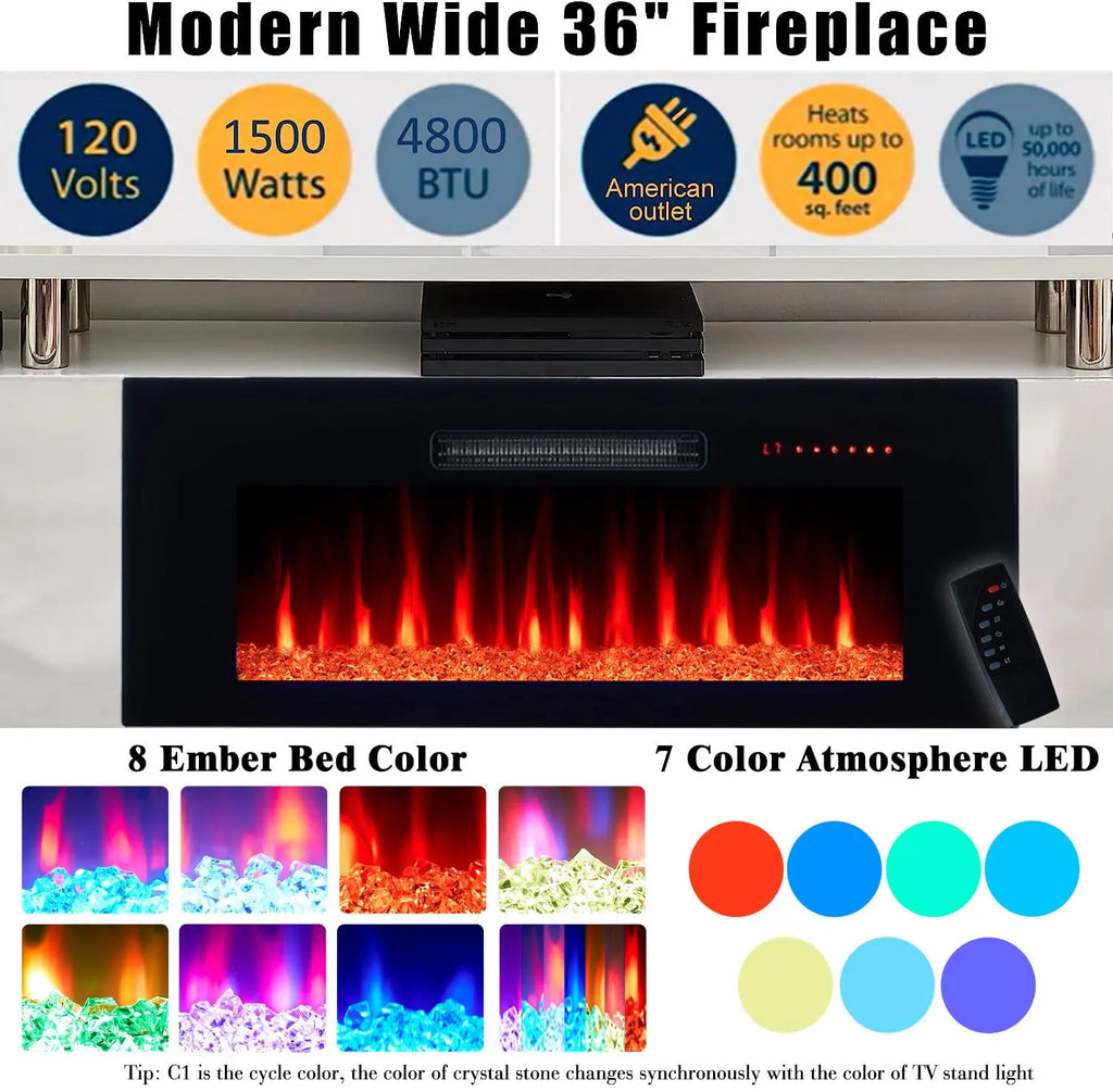 70" High-Gloss Fireplace TV Stand with 36" Electric Fireplace