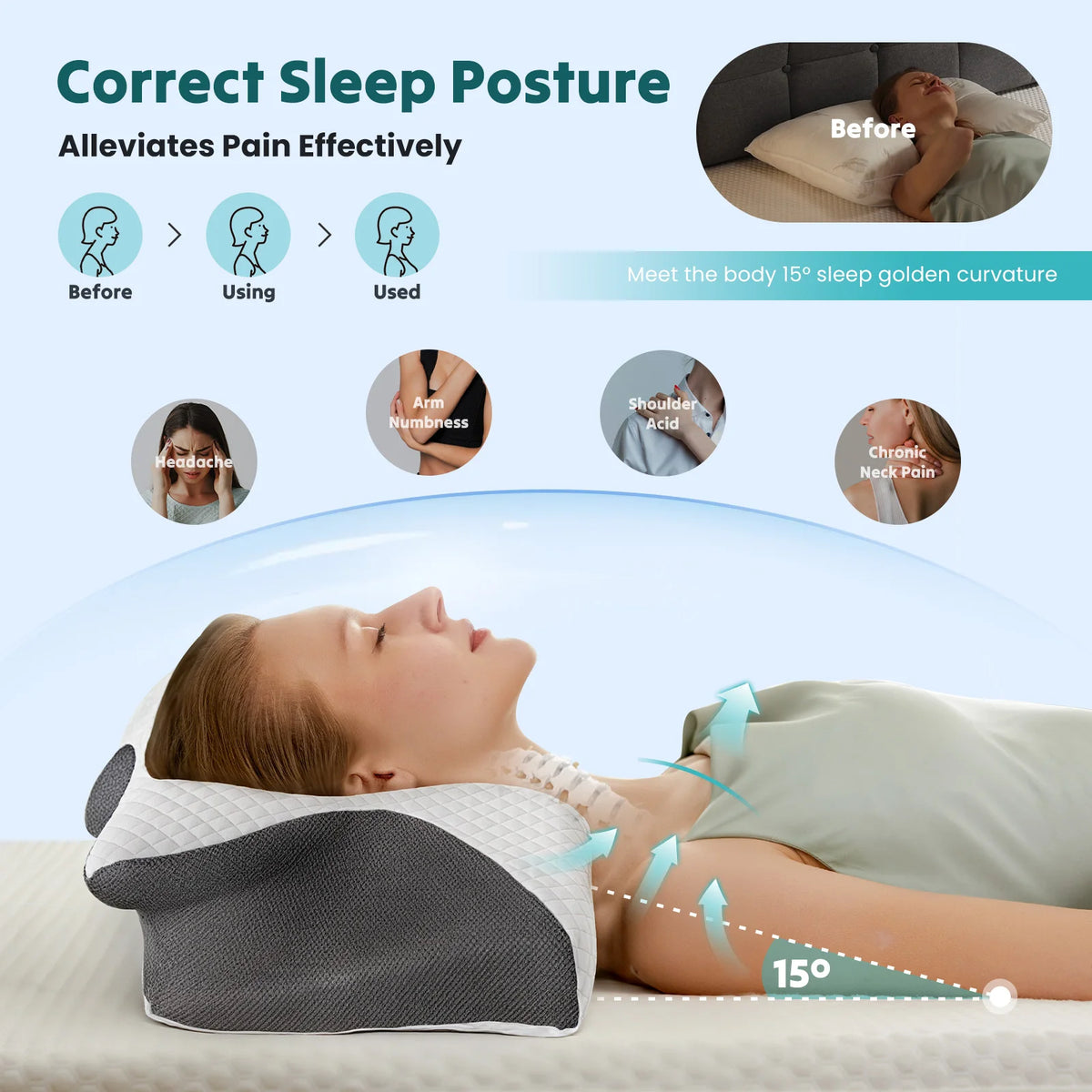 Memory Foam Pillow with Cooling Pillowcase Cervical Contour Pillows