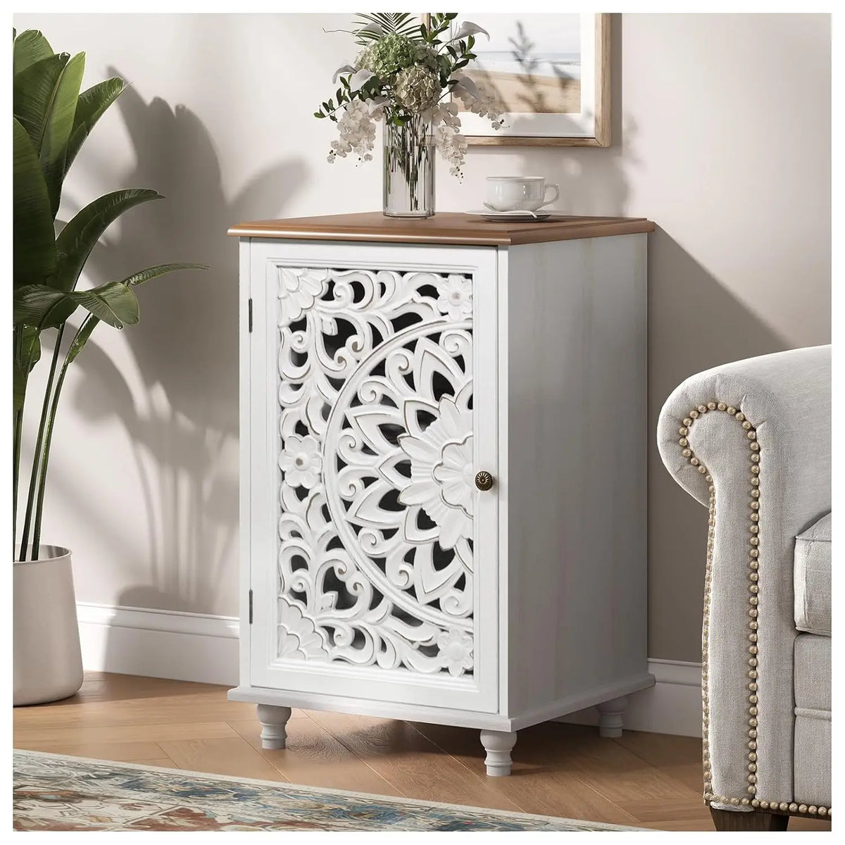 Modern Fluted Storage Cabinet with Glass Shelves, Door & LED Lighting