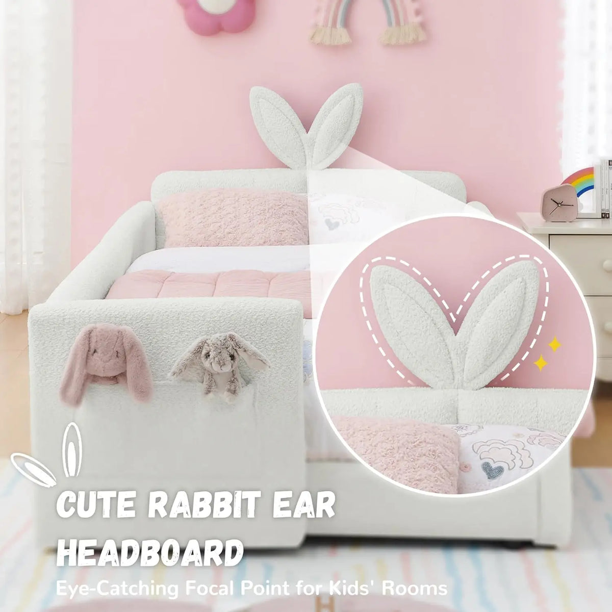 Twin Size Platform Bed Headboard with Pocket & Guardrail for Kids