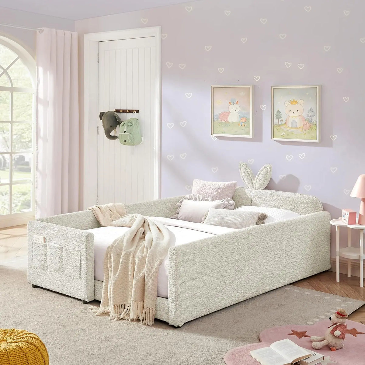 Twin Size Platform Bed Headboard with Pocket & Guardrail for Kids