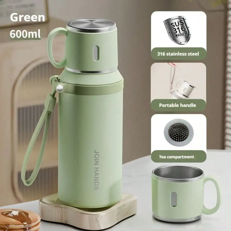Portable Thermal Water Bottle with Cup Lid & Carry Strap