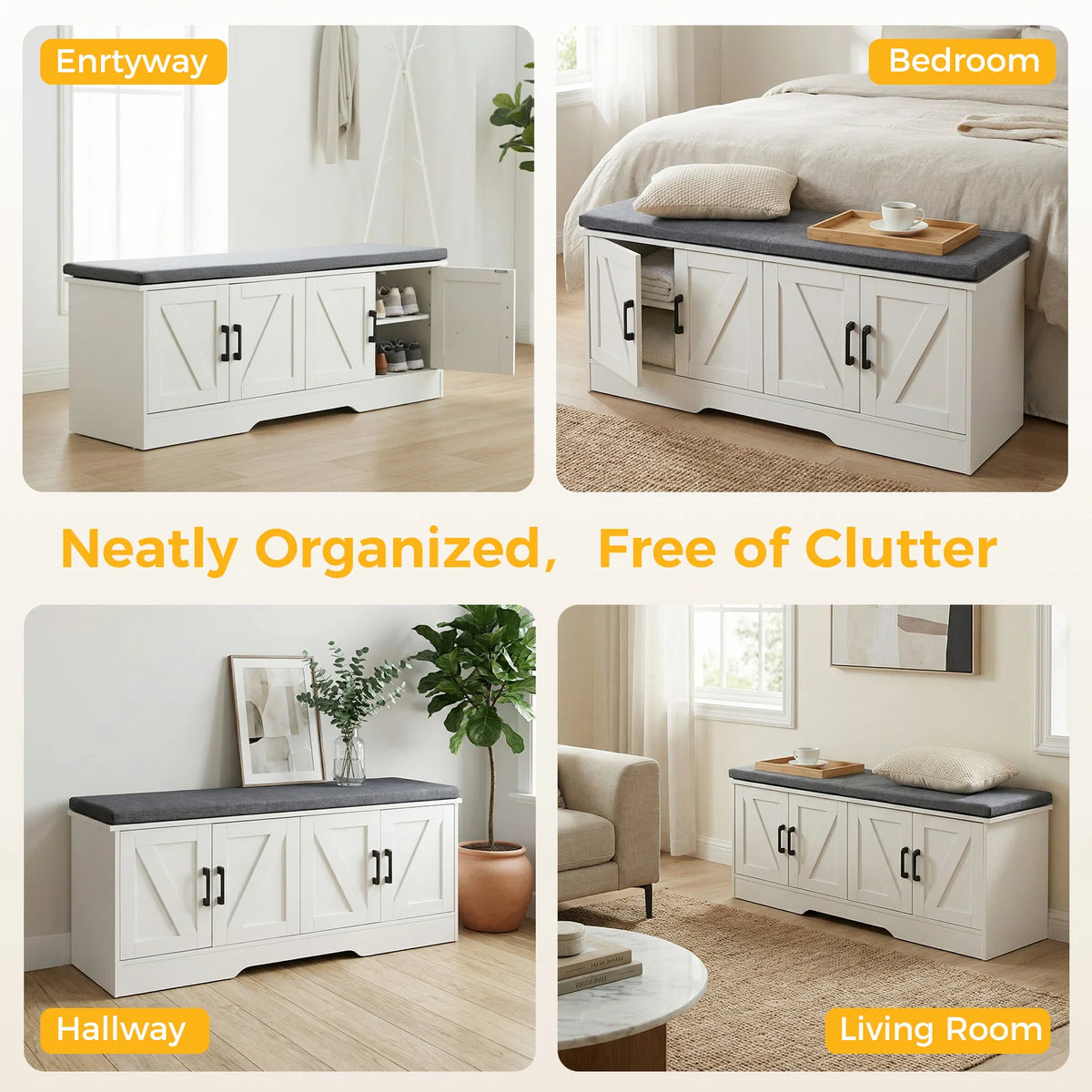 Storage Bench Shoe Organizer Cabinet with Padded Seat Cushion