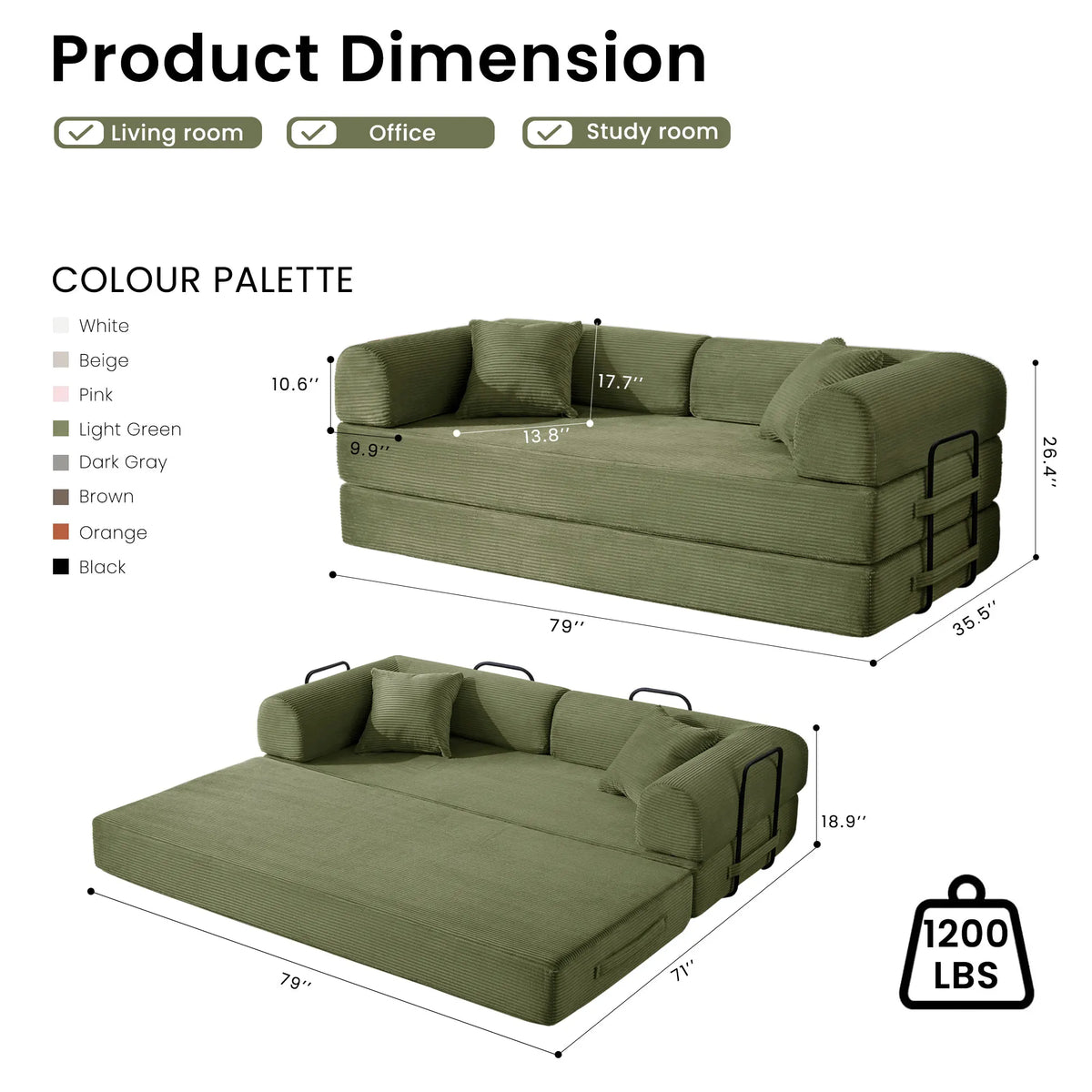 79’’ Folding Convertible Sofa Bed Corduroy Upholstered Boneless Couch