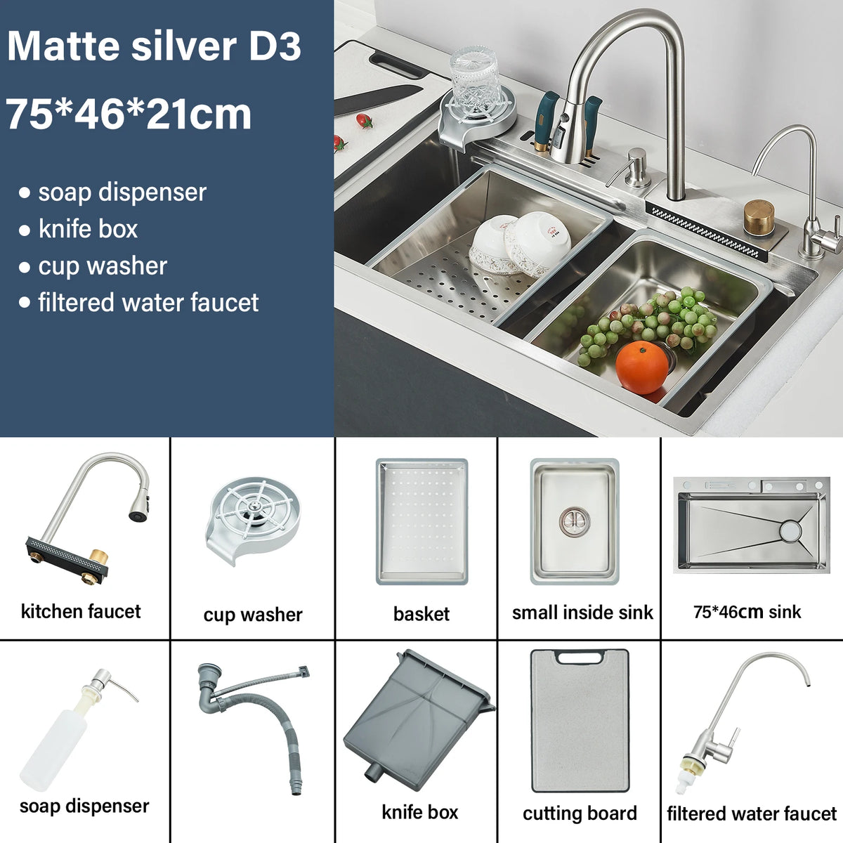 Stainless Steel Kitchen Sink Double Waterfall Single Slot Digital Display