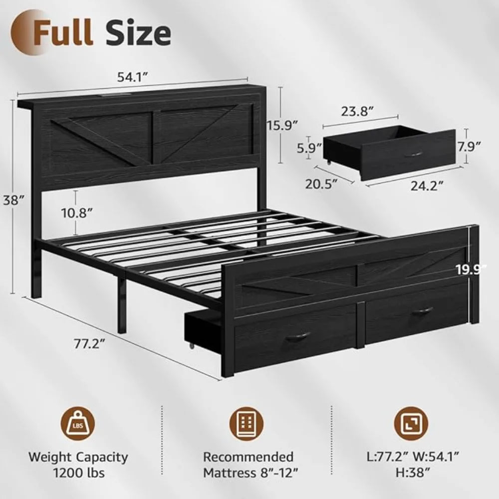 Rustic Full Size Bed Frame with Storage Drawers