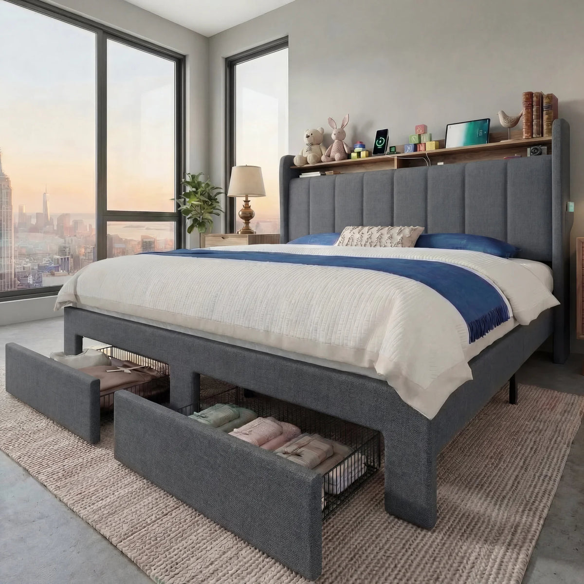 HOOMIC Bed Frame, 2 Storage Drawers with LED Lights