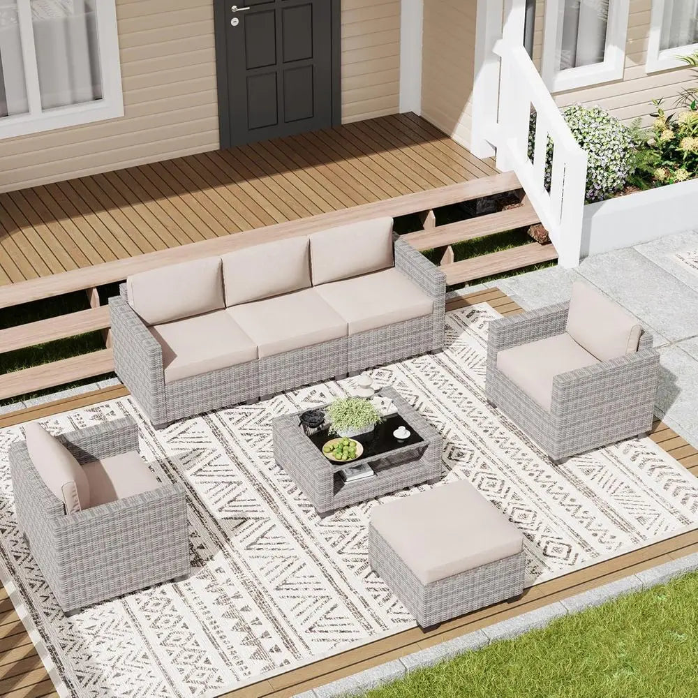 7-Piece Outdoor Patio Furniture Set: Rattan Chairs with Glass Top Table