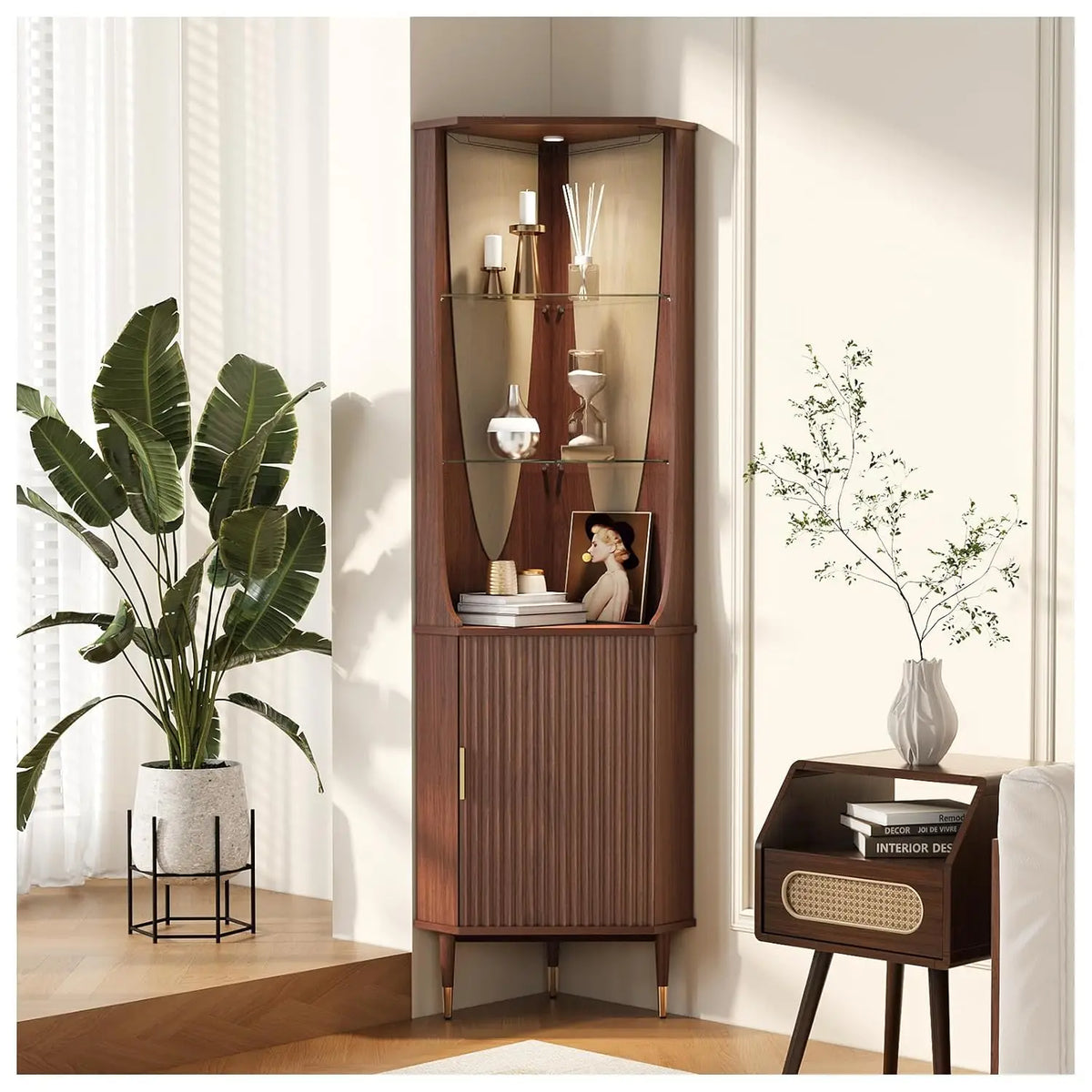 Modern Fluted Storage Cabinet with Glass Shelves, Door & LED Lighting