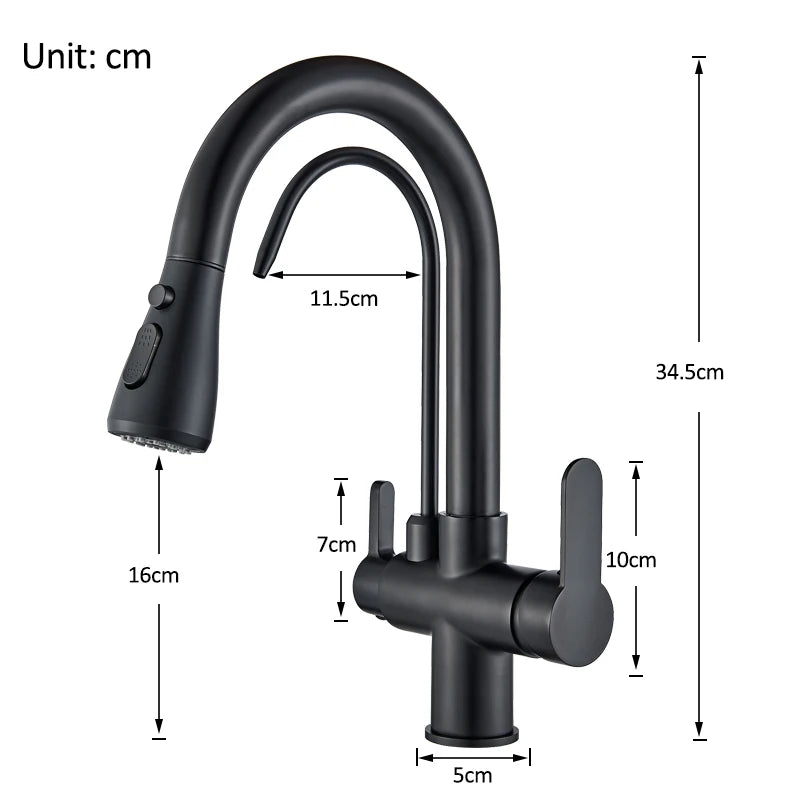Matte Black Pure Water Kitchen Faucet Dual Handle Hot and Cold