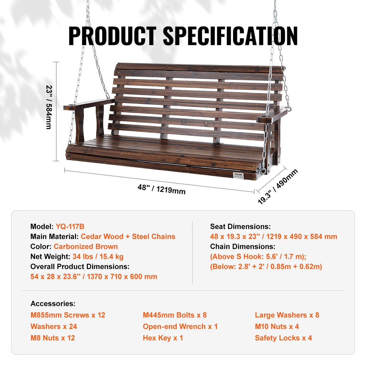 Wooden Porch Swing 5 ft Patio bench swing