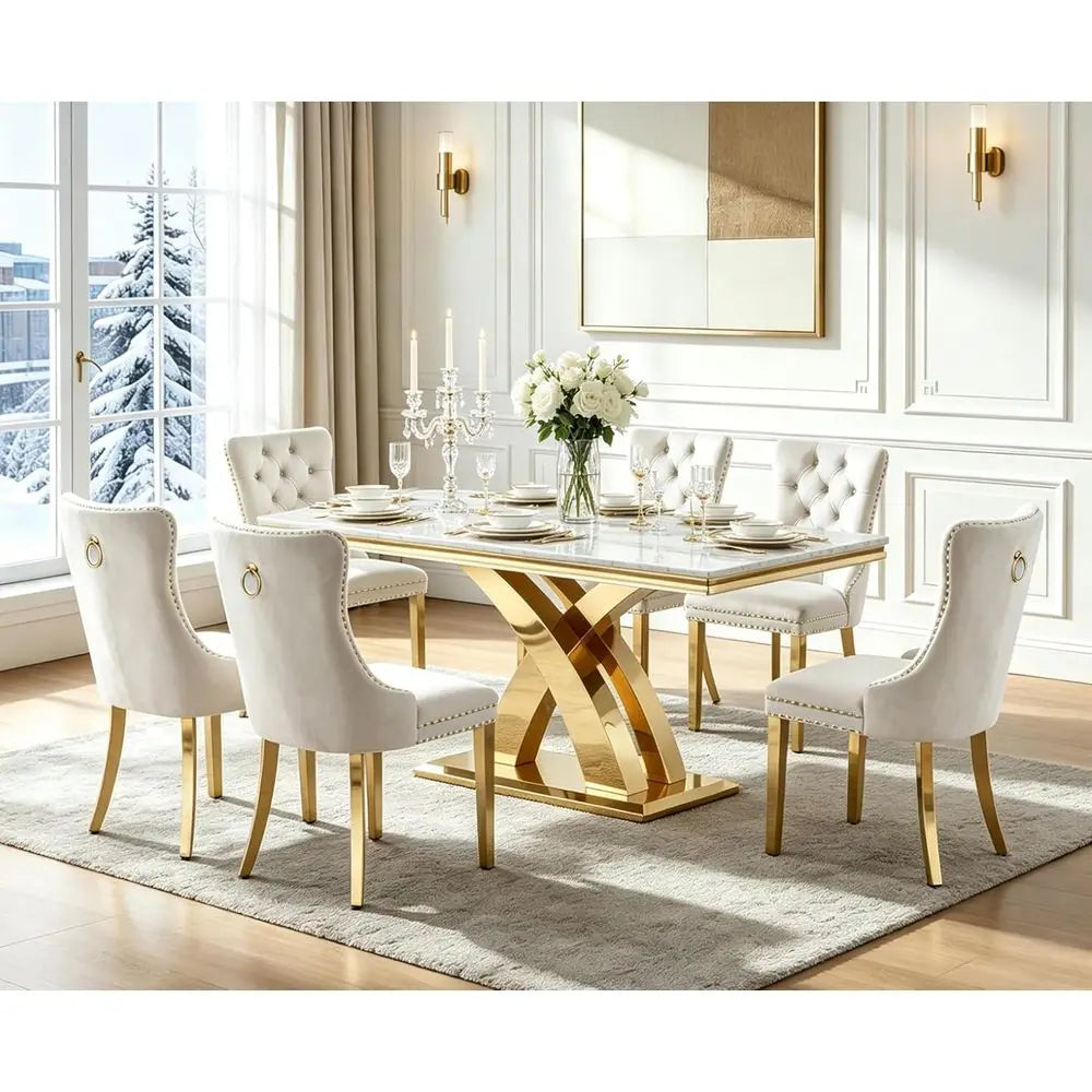 7-Piece Dining Set with 6 Beige Chairs