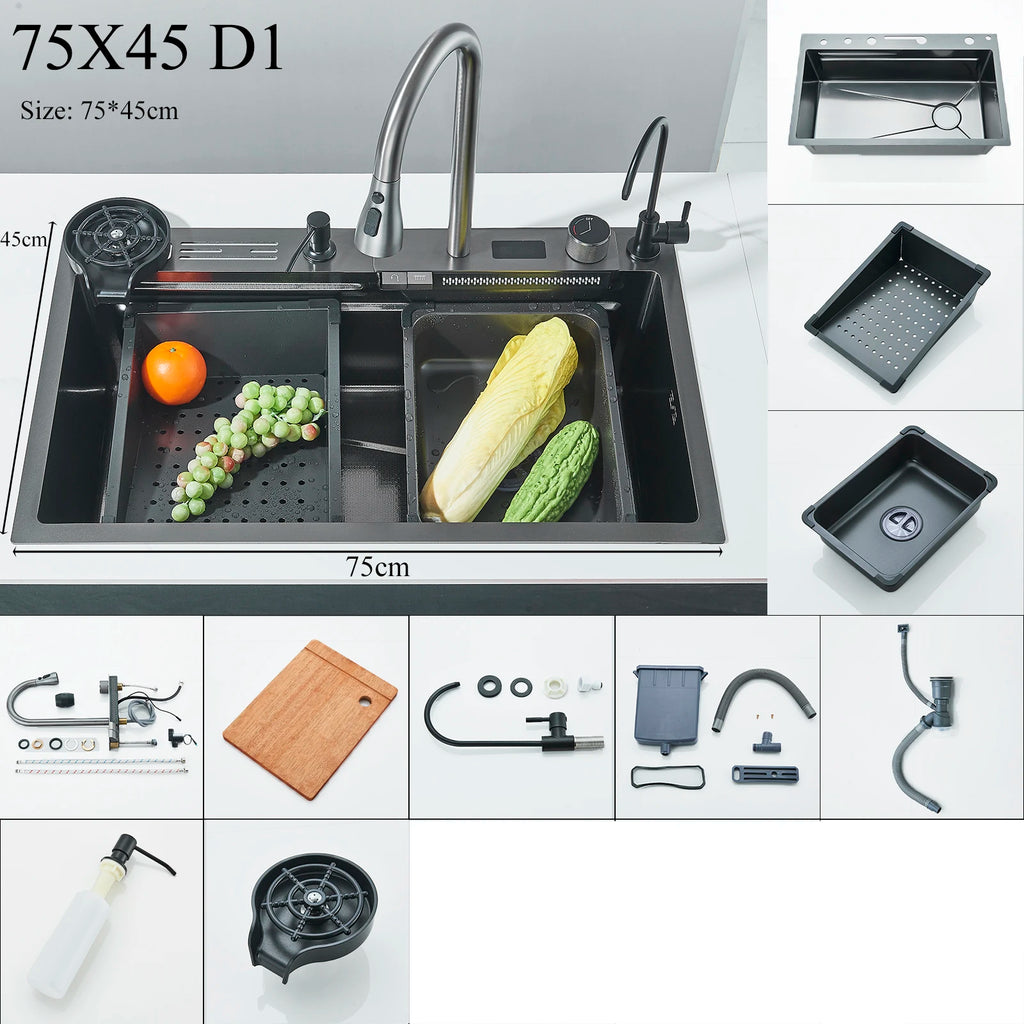 Stainless Steel Kitchen Sink Double Waterfall Single Slot Digital Display