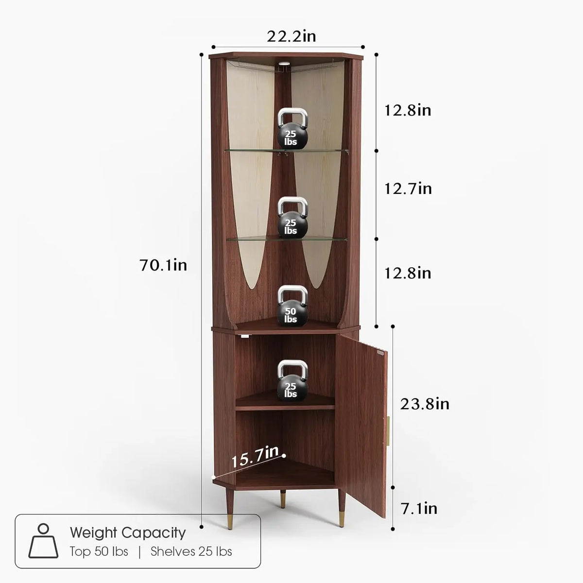 Modern Fluted Storage Cabinet with Glass Shelves, Door & LED Lighting