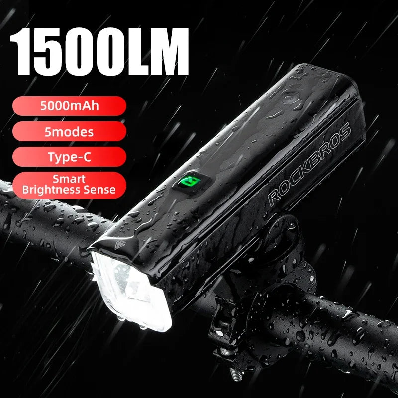 ROCKBROS Bike Light 1500LM Rechargeable Smart Brightness Sense Adjust