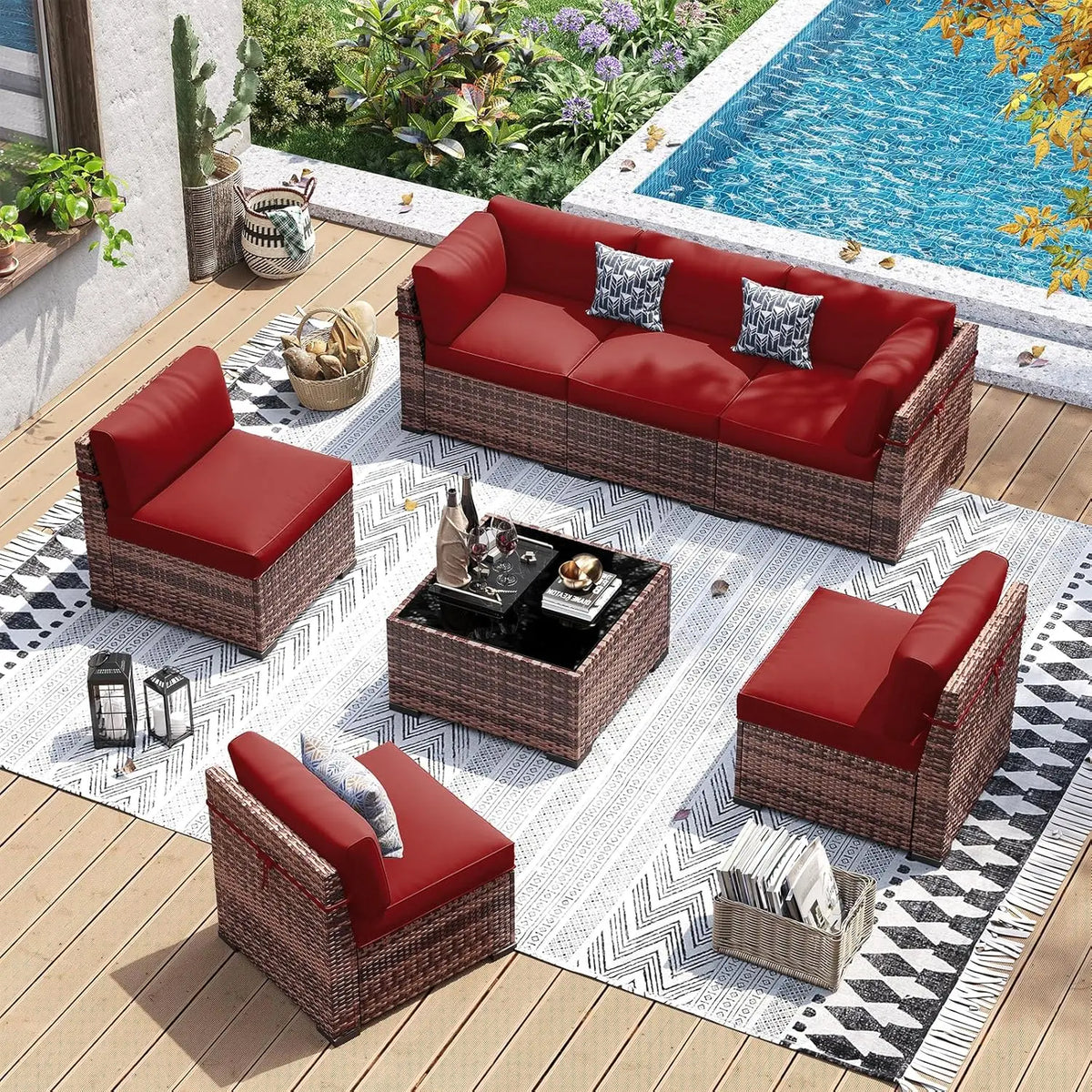 7 Piece Wicker Sectional Sofa with Tea Table