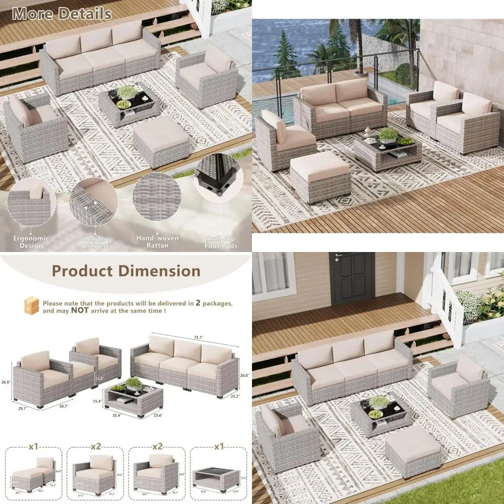 7-Piece Outdoor Patio Furniture Set: Rattan Chairs with Glass Top Table