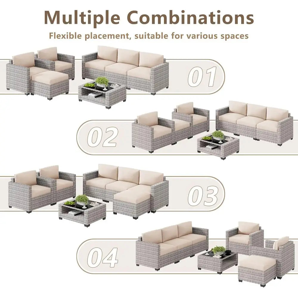 7-Piece Outdoor Patio Furniture Set: Rattan Chairs with Glass Top Table