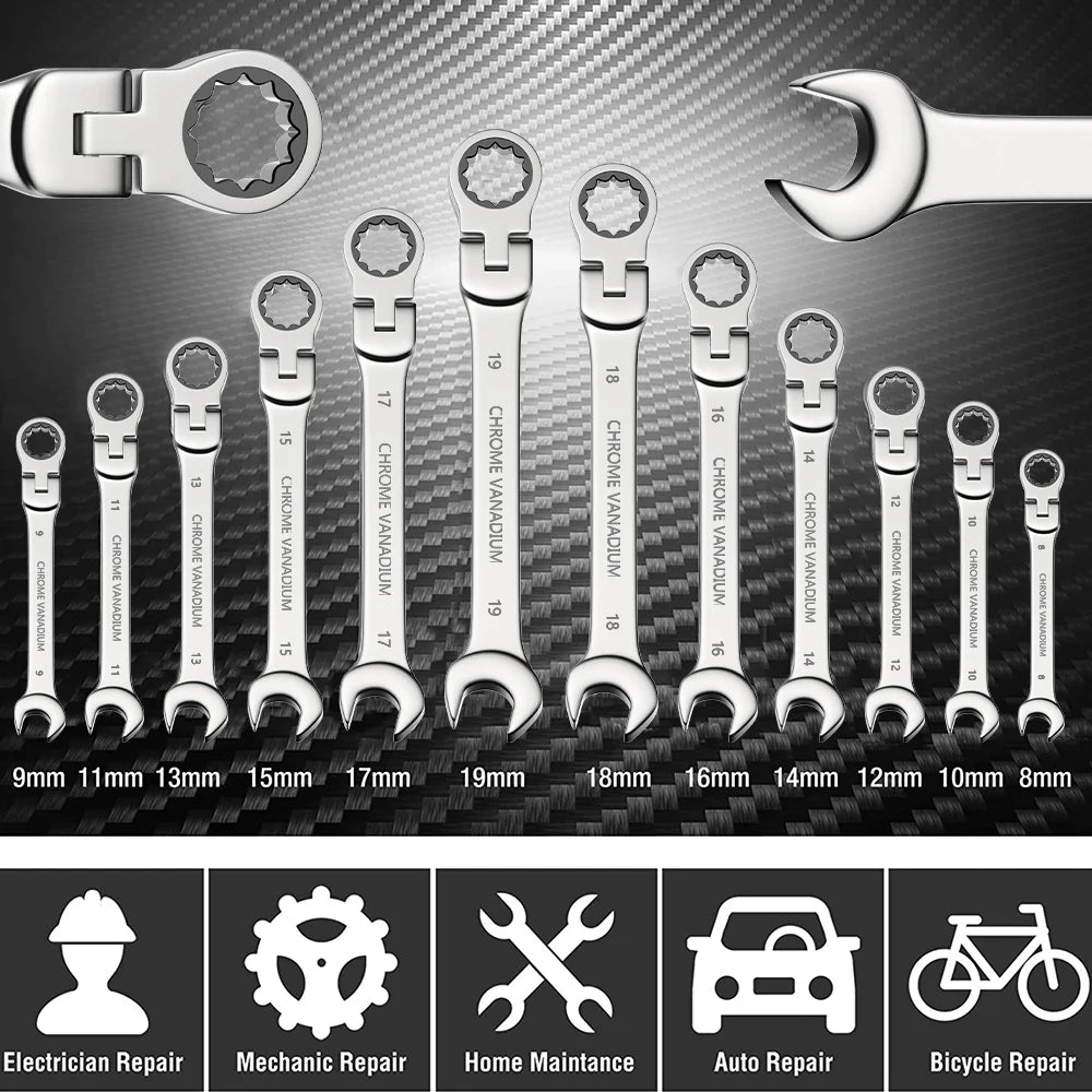 8pcs 72-Tooth Durable Ratchet Wrench Set Metric 8-19mm