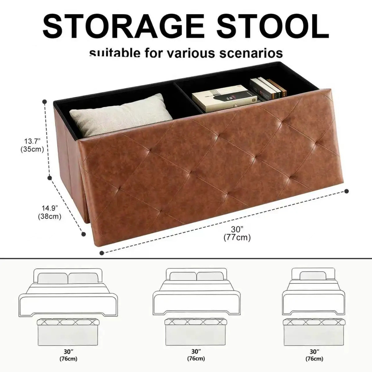 Tufted Faux Leather Storage Bench Folding Footrest Ottoman