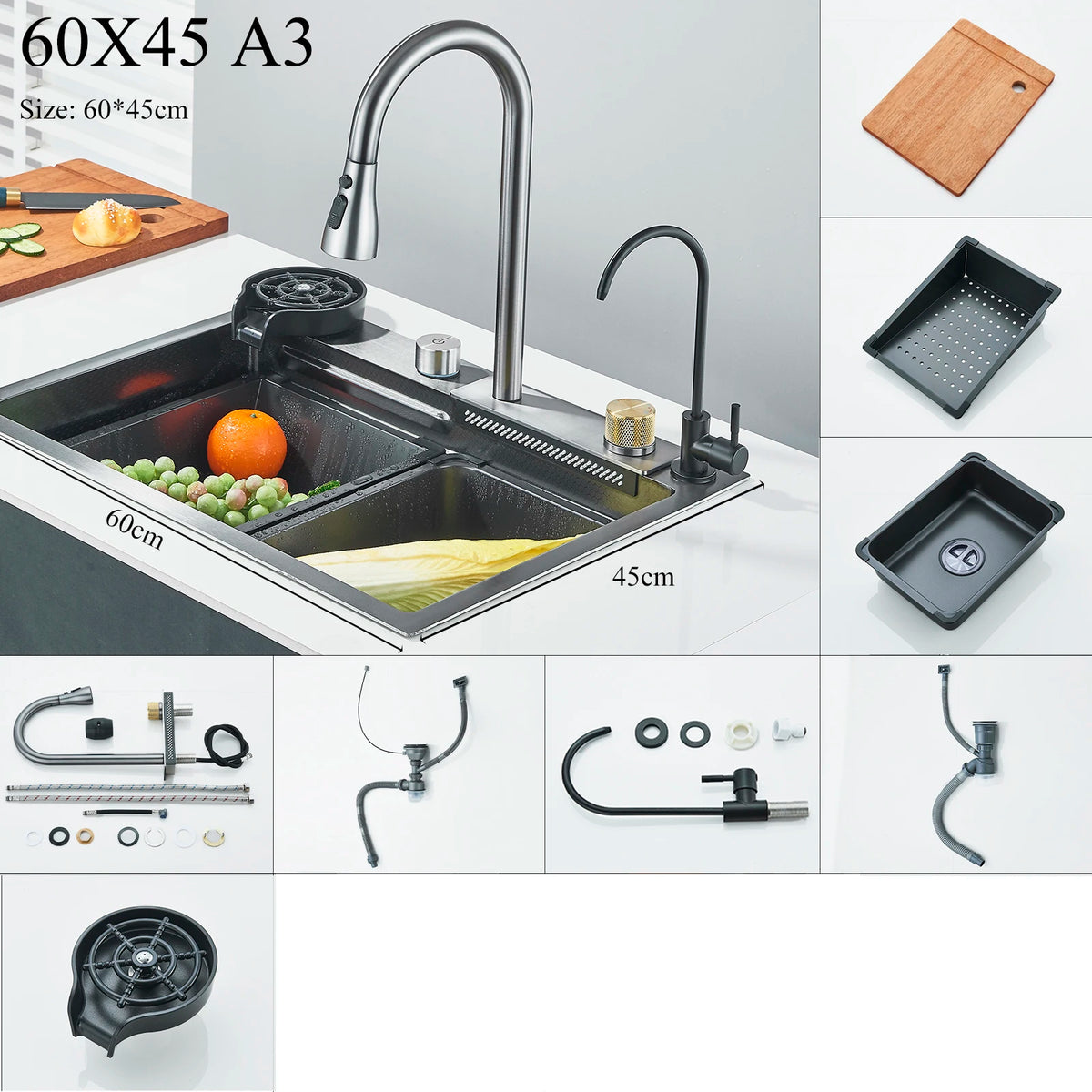 Stainless Steel Kitchen Sink Double Waterfall Single Slot Digital Display