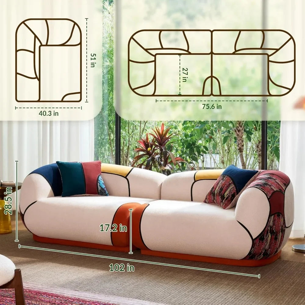 102" Oversized Modern Curved Sofa, Minimalist 4-Seat Chenille Couch for Living Room Apartment, Boneless Sectional Floor Lounge