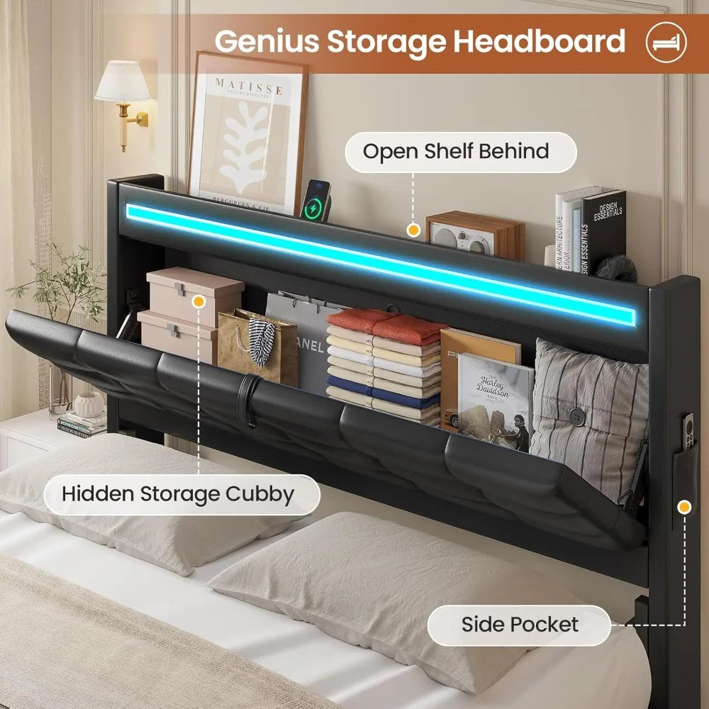 Full Size Storage Bed Frame with LED Headboard Charging Station