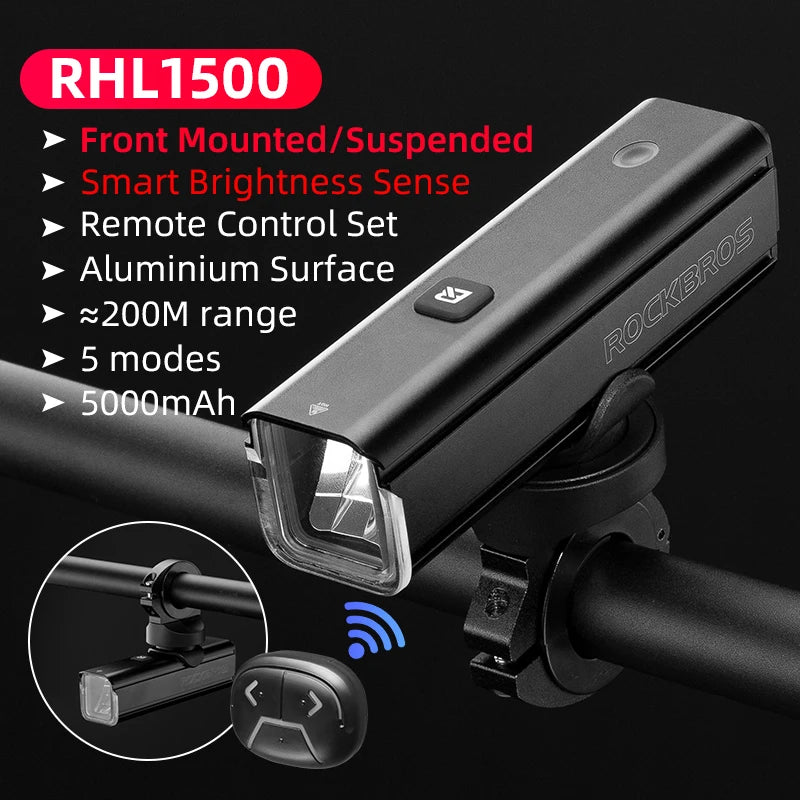 ROCKBROS Bike Light 1500LM Rechargeable Smart Brightness Sense Adjust