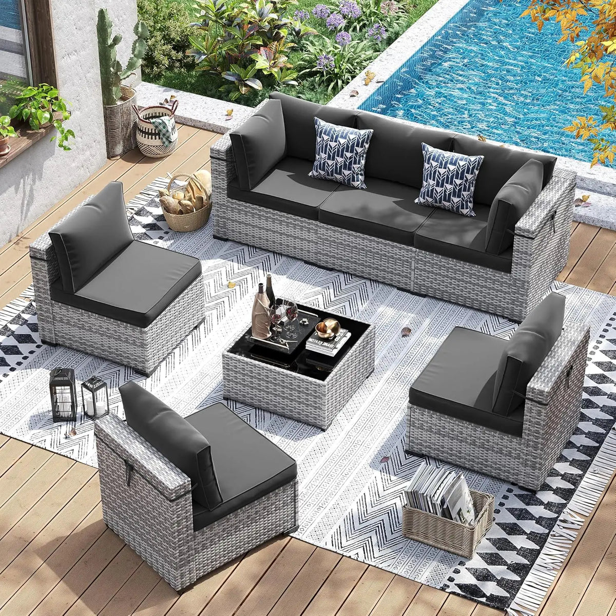 7 Piece Wicker Sectional Sofa with Tea Table