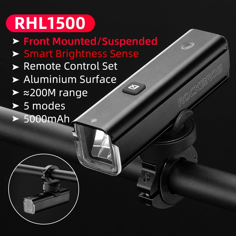 ROCKBROS Bike Light 1500LM Rechargeable Smart Brightness Sense Adjust