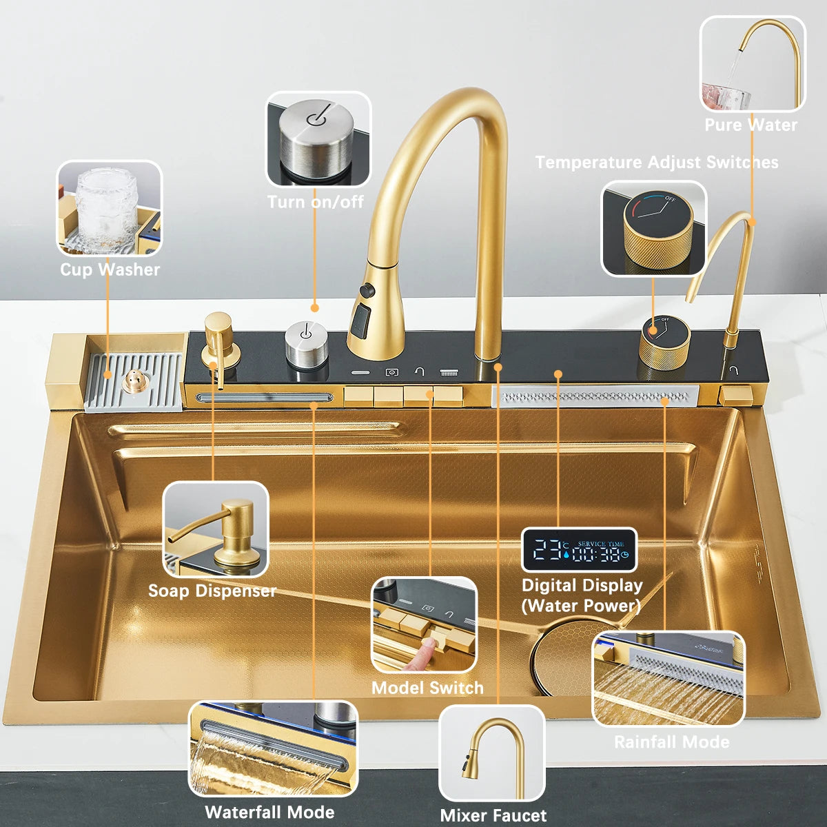 Stainless Steel Kitchen Sink Double Waterfall Single Slot Digital Display
